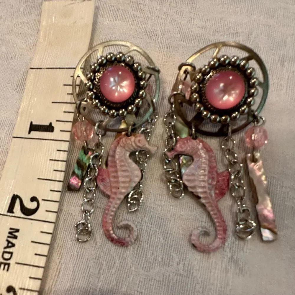 Earrings Pierced Post Seahorses Silver Jewels Dangles Pink